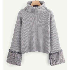 SHEIN Turtle Neck Sweater Womens S  Faux Fur Trimmed Sleeves Gray
